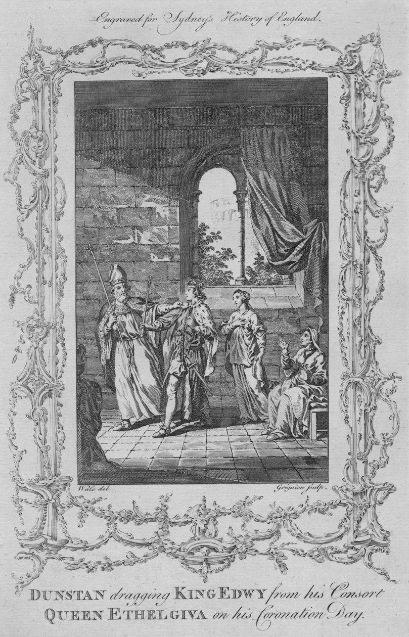 Dunstan arrastrando al Rey Edwy de su consorte la Reina Ethelgiva en su día de coronación, 1773 de Charles Grignion