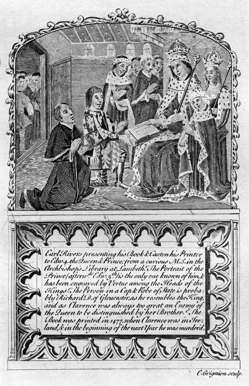 Earl Rivers presenta su libro al Rey Eduardo IV, c. 1477 finales del siglo XVIII o principios del XIX de Charles Grignion