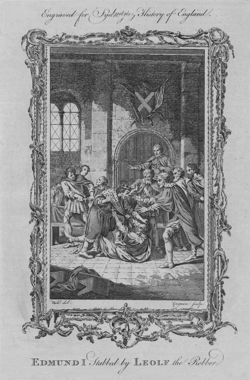 Edmundo I apuñalado por Leolf el Ladrón, 1773 de Charles Grignion