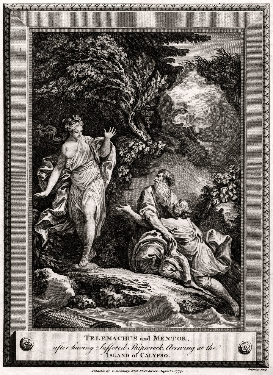 Telémaco y Mentor, después de haber naufragado, llegan a la Isla de Calipso, 1774 de Charles Grignion