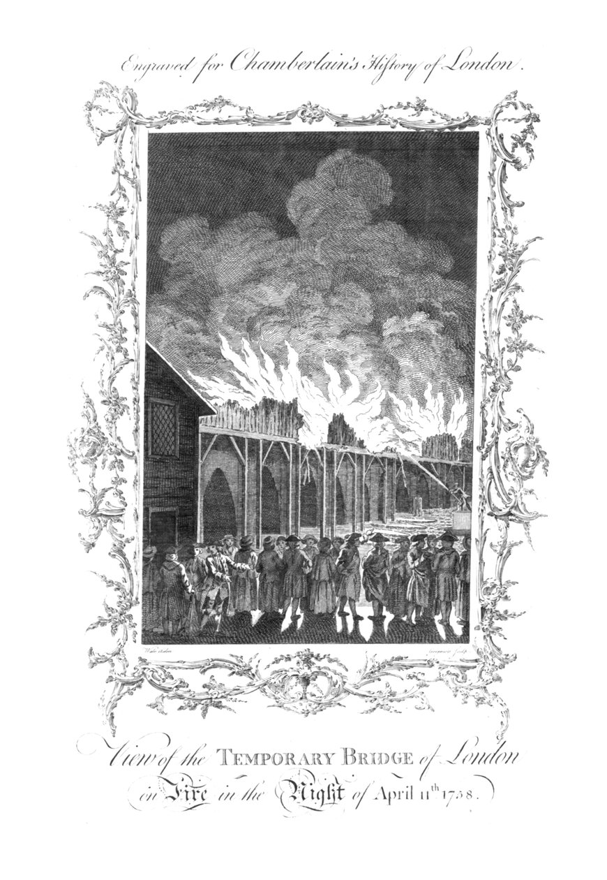 Vista del Puente Temporal de Londres en Llamas...1758., c.1770 de Charles Grignion