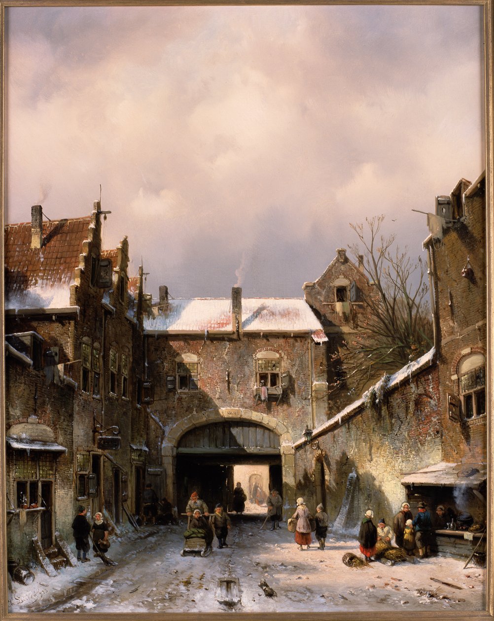 Escena de una calle de pueblo en invierno, 1893 de Charles Henri Joseph Leickert