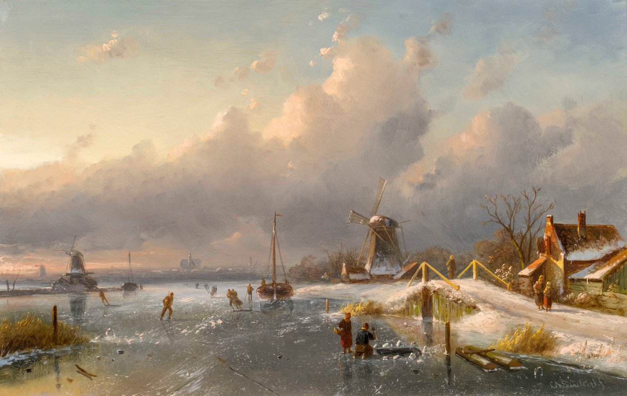 Un paisaje invernal con molinos de viento y patinadores en un canal congelado de Charles Henri Joseph Leickert