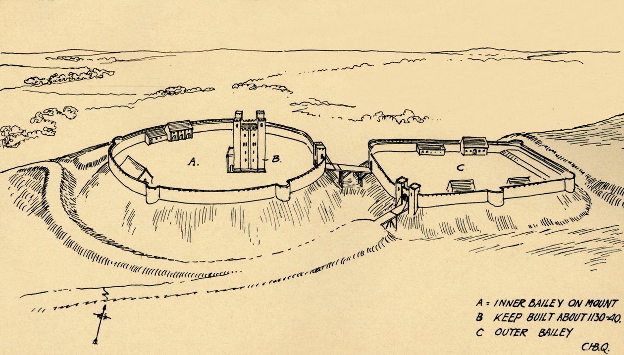 Vista aérea del castillo Hedingham, Essex, reconstrucción parcial, 1931 de Charles Henry Bourne Quennell