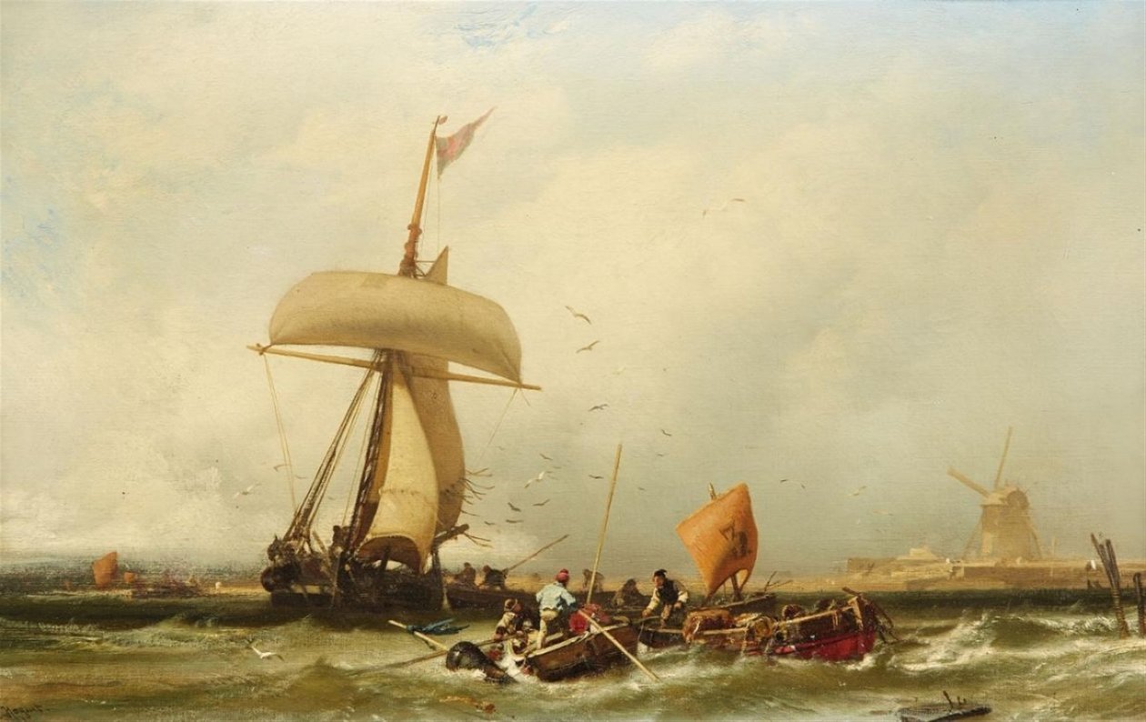 Alemán: Vista de la costa holandesa con velero y barcos Vista de la costa holandesa con velero y barcos de Charles Hoguet