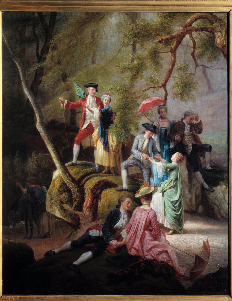 Entretenimiento campestre. Escena galante durante un paseo de nobles. Pintura de Charles Gustave Housez (1822-1880) siglo XIX. Colección privada de Charles Housez