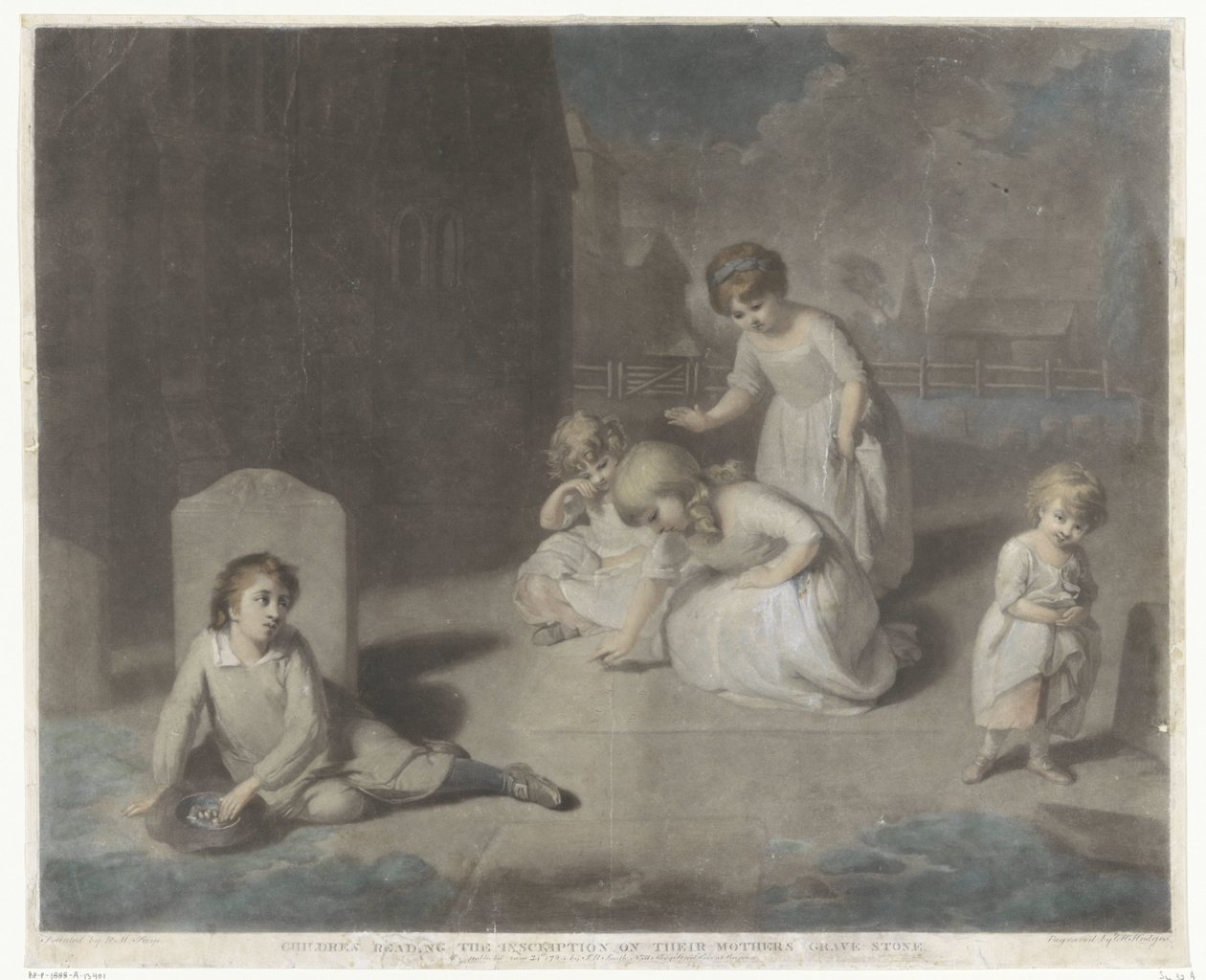 Niños en un cementerio Niños leyendo la inscripción en la lápida de su madre (título del objeto) de Charles Howard Hodges