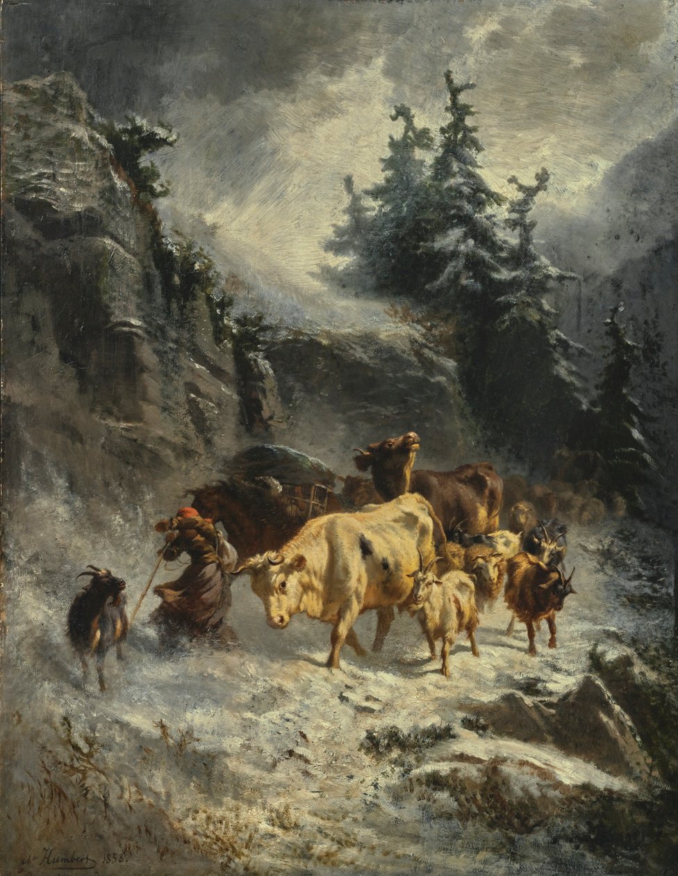 Francés: Troupeau dans une tempête de neige Rebaño en una tormenta de nieve de Charles Humbert