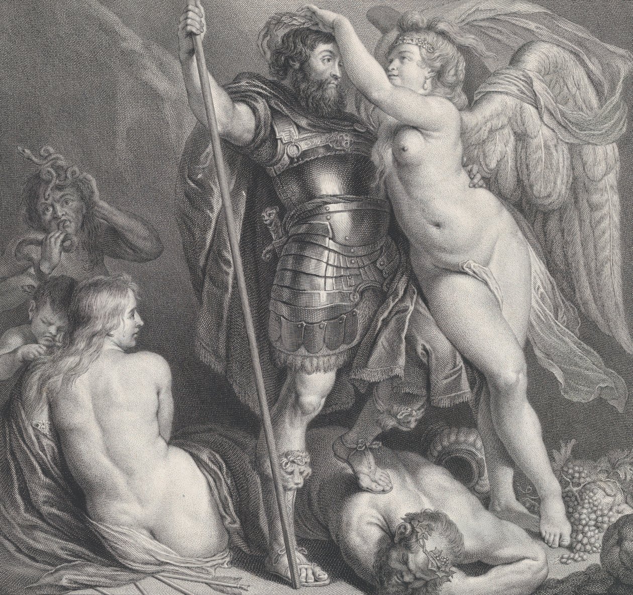 Héroe coronado por la Victoria, que coloca una corona de laurel en su cabeza, Venus y Cupido, ca. 1735-61 de Charles Hutin