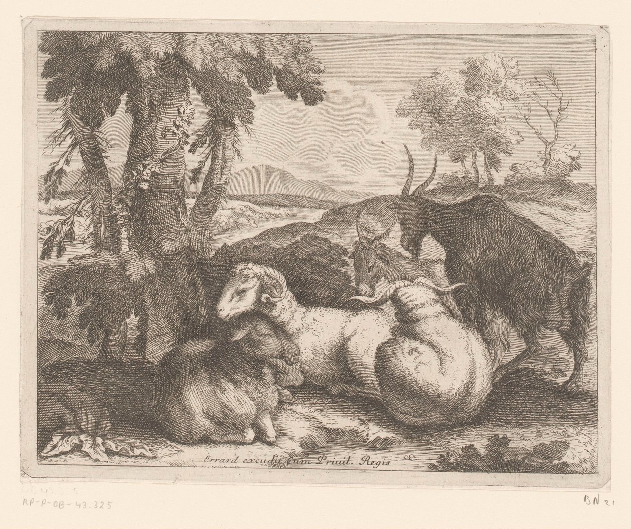 Ovejas y cabras debajo de un árbol Serie de animales (título de la serie) de Charles II Errard (attributed to)