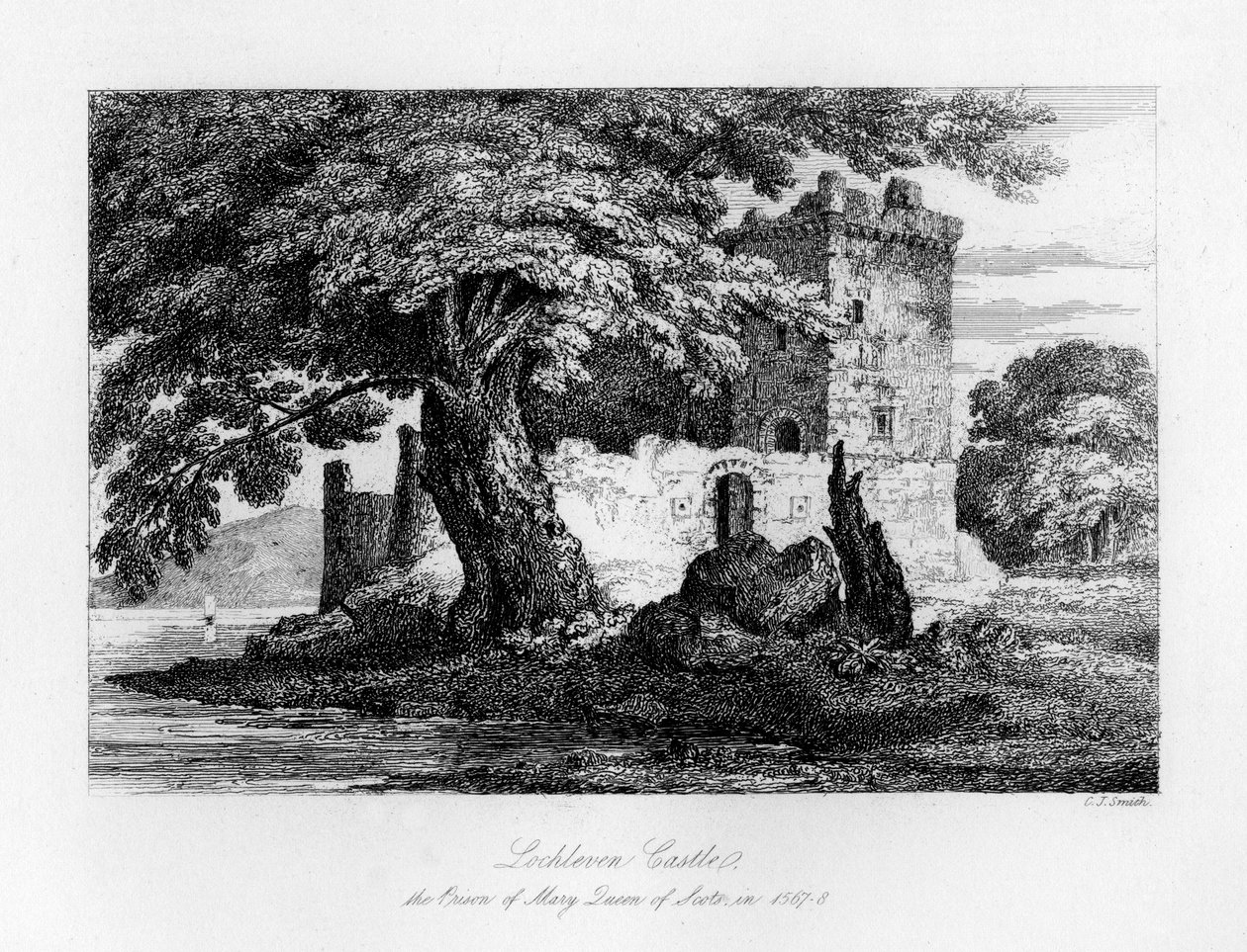 Castillo de Lochleven, Escocia, la prisión de María, Reina de Escocia, 1840 de Charles J. Smith