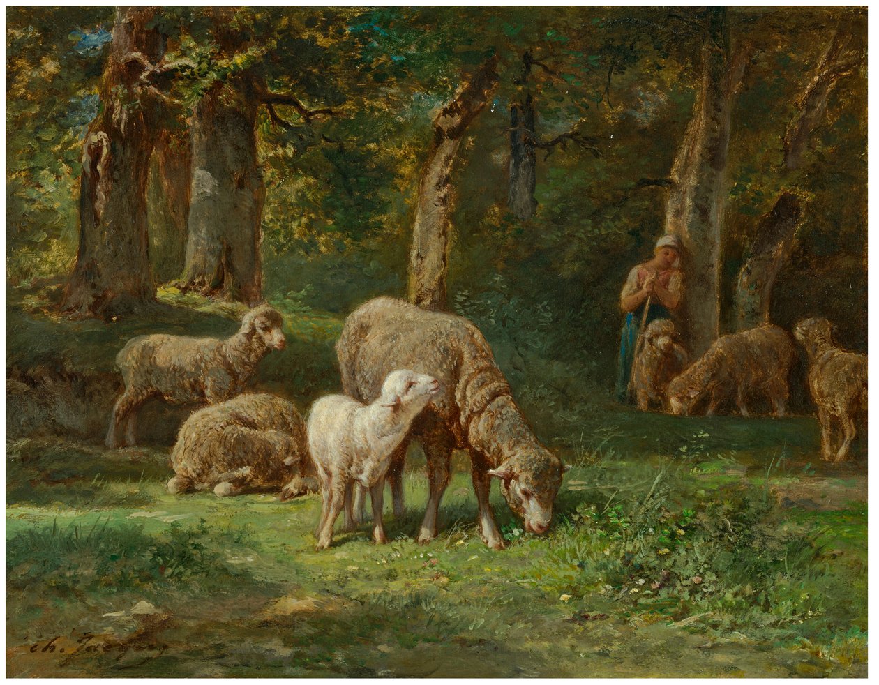 Pastora cuidando su rebaño de Charles Jacque