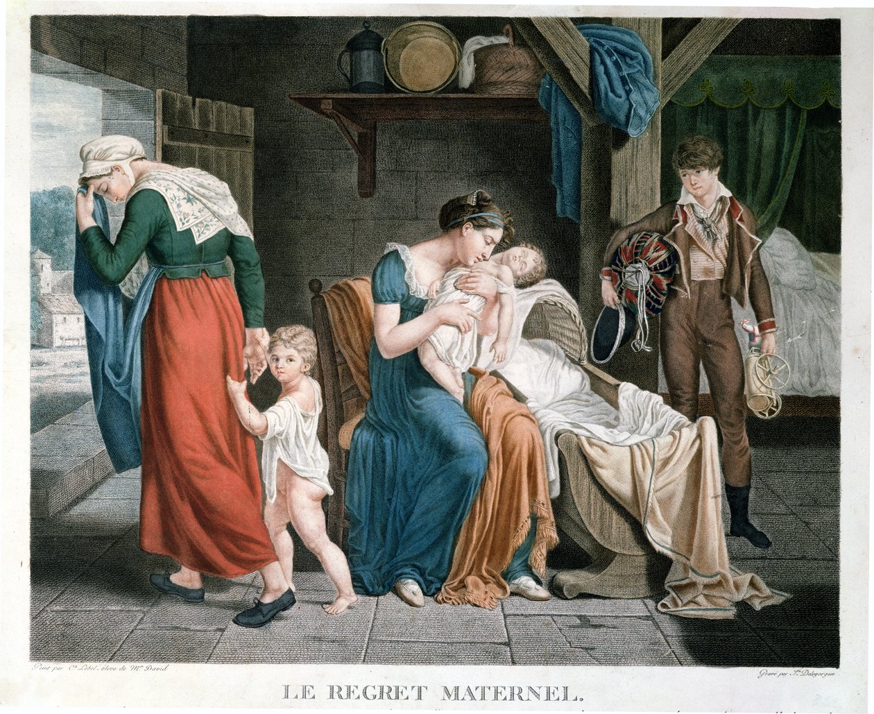 La Muerte del bebé puesto al cuidado de una enfermera, grabado por Delegorgue de Charles Jacques Lebel