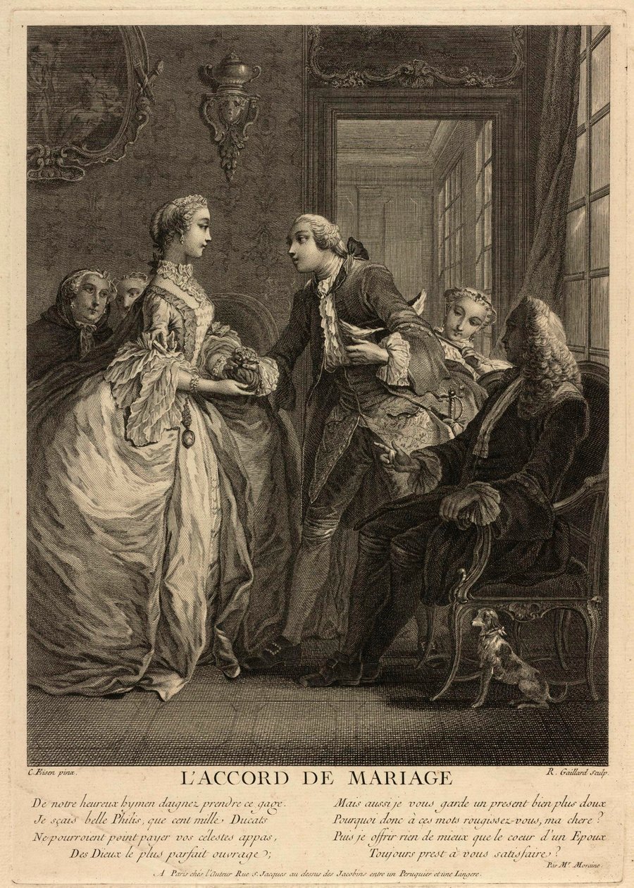 El contrato de matrimonio. Un joven pone un bolso en manos de una joven, ante la mirada de personas preocupadas, notarios y padres. Obra de Charles Eisen (1720-1778), grabado de Charles Joseph Dominique Eisen