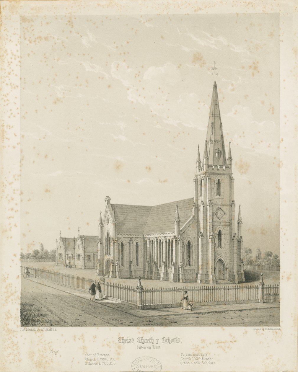 Burton-upon-Trent - Iglesia de Cristo y escuelas: grabado, nd [1789-1850] de Charles Joseph Hullmandel
