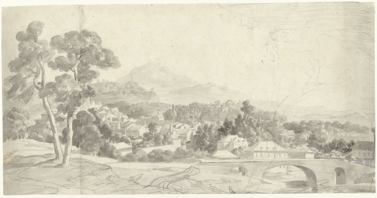 Paisaje con un pueblo cerca de un puente de Charles Joseph Natoire (attributed to)