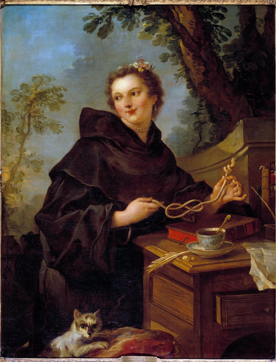 Retrato de Louise Anne De Bourbon Conde, Mademoiselle De Charolais (1695-1758), nieta de Luis XIV. Entre sus manos un nudo marino (nudo de ocho) de Charles Joseph Natoire