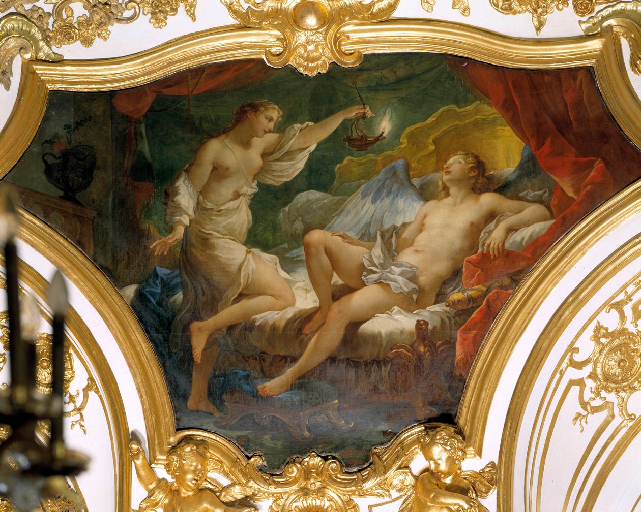 Psique levantando su lámpara para contemplar a su esposa Eros (o Amor) de Charles Joseph Natoire