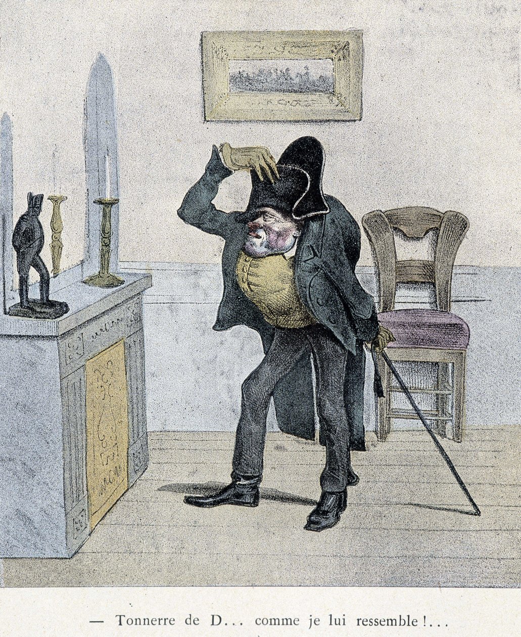 ¡Trueno de D... cómo me parezco a él!... Caricatura de Travies del siglo XIX que representa a un hombre comparándose con una estatuilla de Napoleón. de Charles Joseph Travies de Villiers