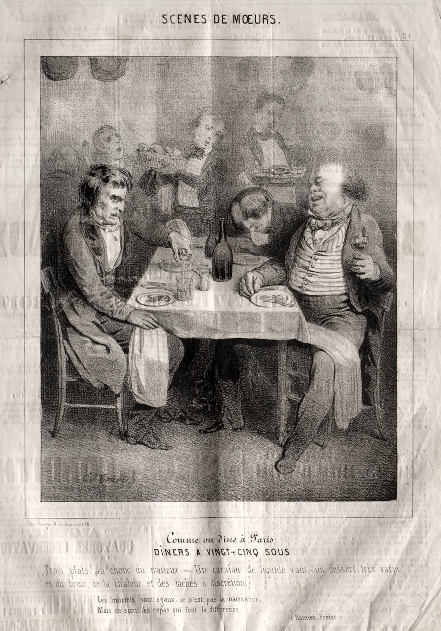 Escenas de costumbres: Cómo se cena en París. Cenas a veinticinco sous. Tres platos a elección del proveedor... de Charles Joseph Traviès de Villers
