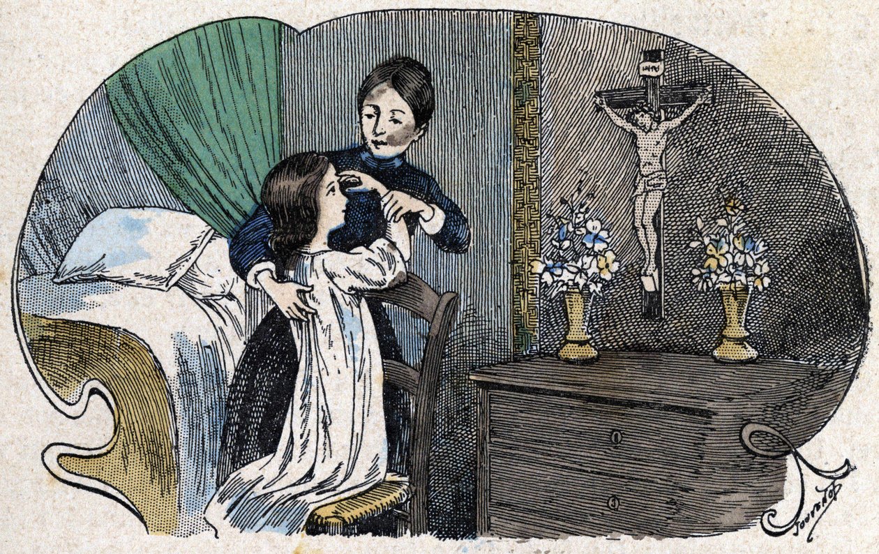 La señal de la cruz. en "Todo eignement religioso - Creo en los dioses", sd., ilustración de finales del siglo XIX de Jouvenot. Biblioteca de catecismos. París. Colección Leemage de Charles Jouvenot