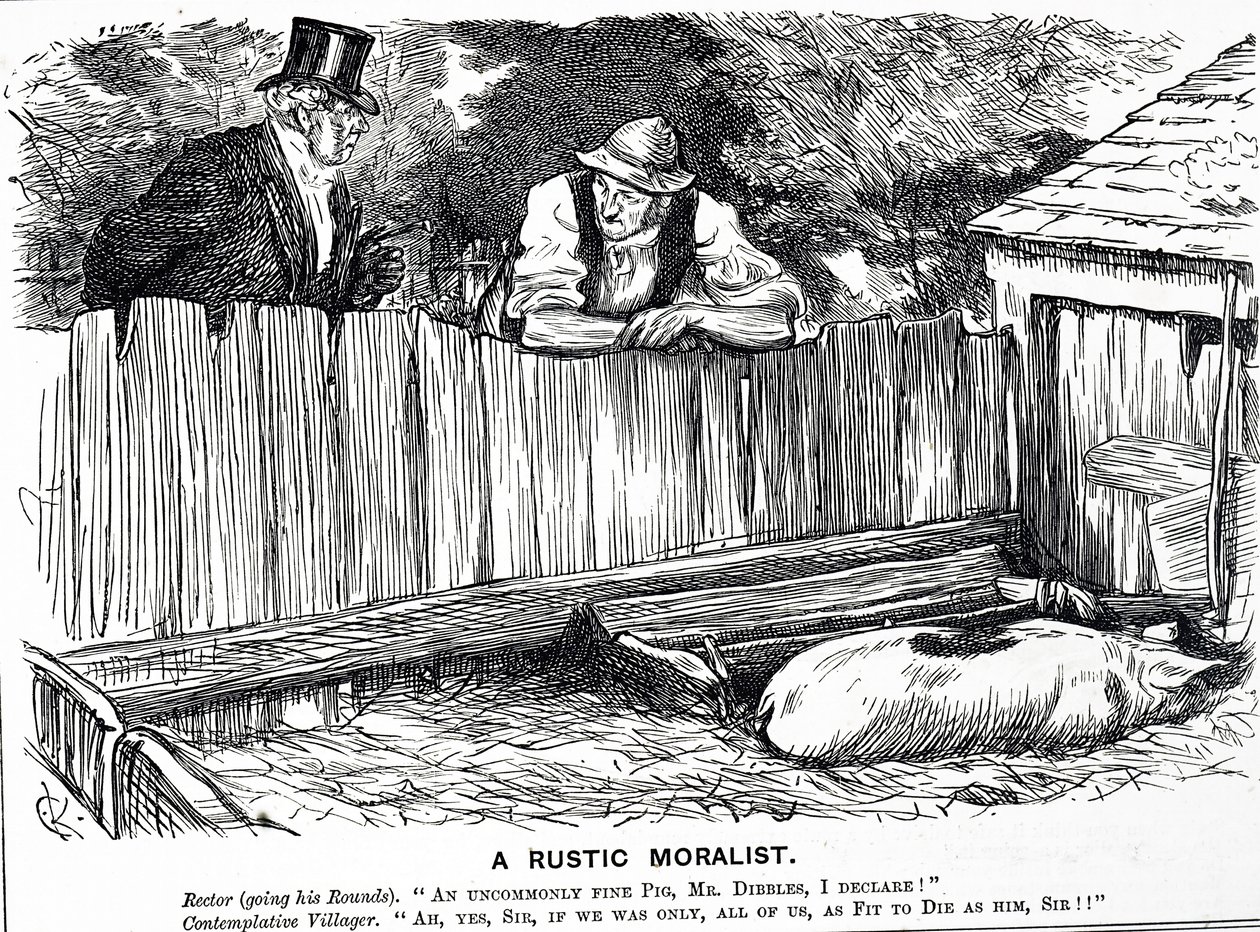 Viñeta titulada "Un moralista rústico" que representa a un rector, un aldeano y un cerdo de una fineza poco común. de Charles Keene