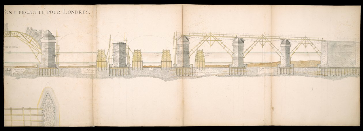 Diseños del proyecto de puente sobre el río Támesis en Londres, BL Maps C.49.e.76 de Charles Labelye
