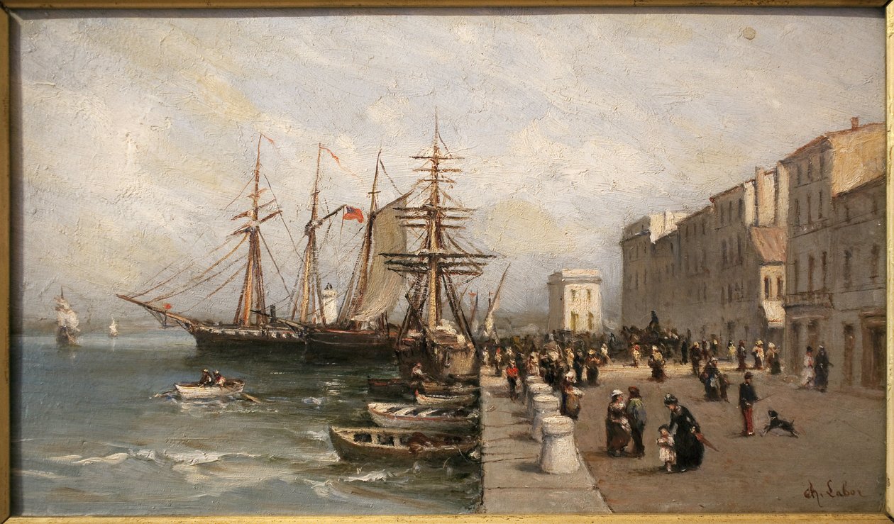 El muelle Saint Pierre y el edificio de la aduana en Cannes. Pintura de Charles Labor (1813-1900), óleo sobre lienzo, principios del siglo XIX. Museo de la Castre, Cannes. de Charles Labor