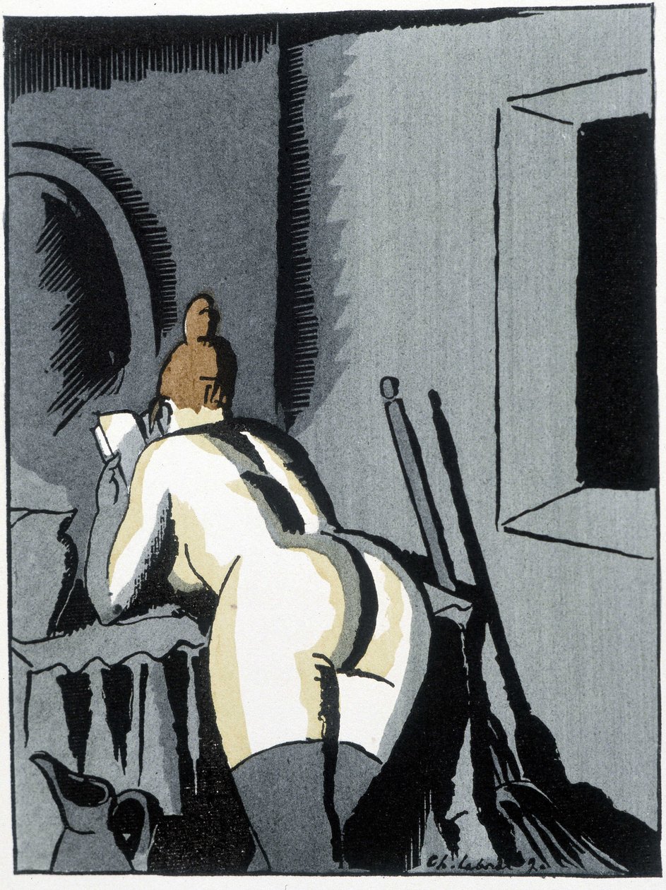 Mujer desnuda, de espaldas, leyendo - en "Le negre Leonard" de Pierre Mac Orlan, ill. de Chas. Laborde (Charles Laborde) (1886-1941), ed. del estandarte de Charles Laborde