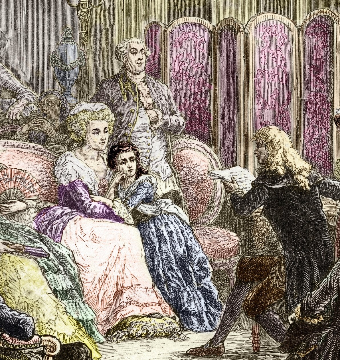El salón de Suzanne Curchod y Madame Necker (grabado) de Charles Laplante