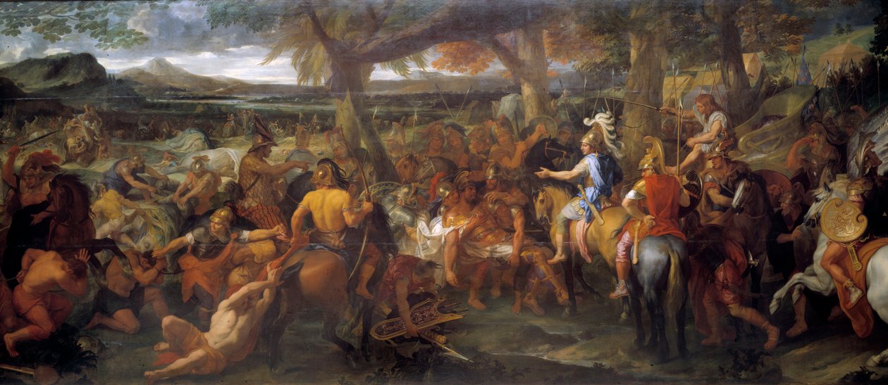 Alejandro y Porus. En 327 a.C., Alejandro Magno continuó su conquista hacia el Valle del Indo. En 326 a.C., derrotó a Puru (o Poros, rey de la tribu Paurava en el siglo IV a.C.) y su ejército de elefantes de guerra en la Batalla de Hidaspes de Charles Le Brun
