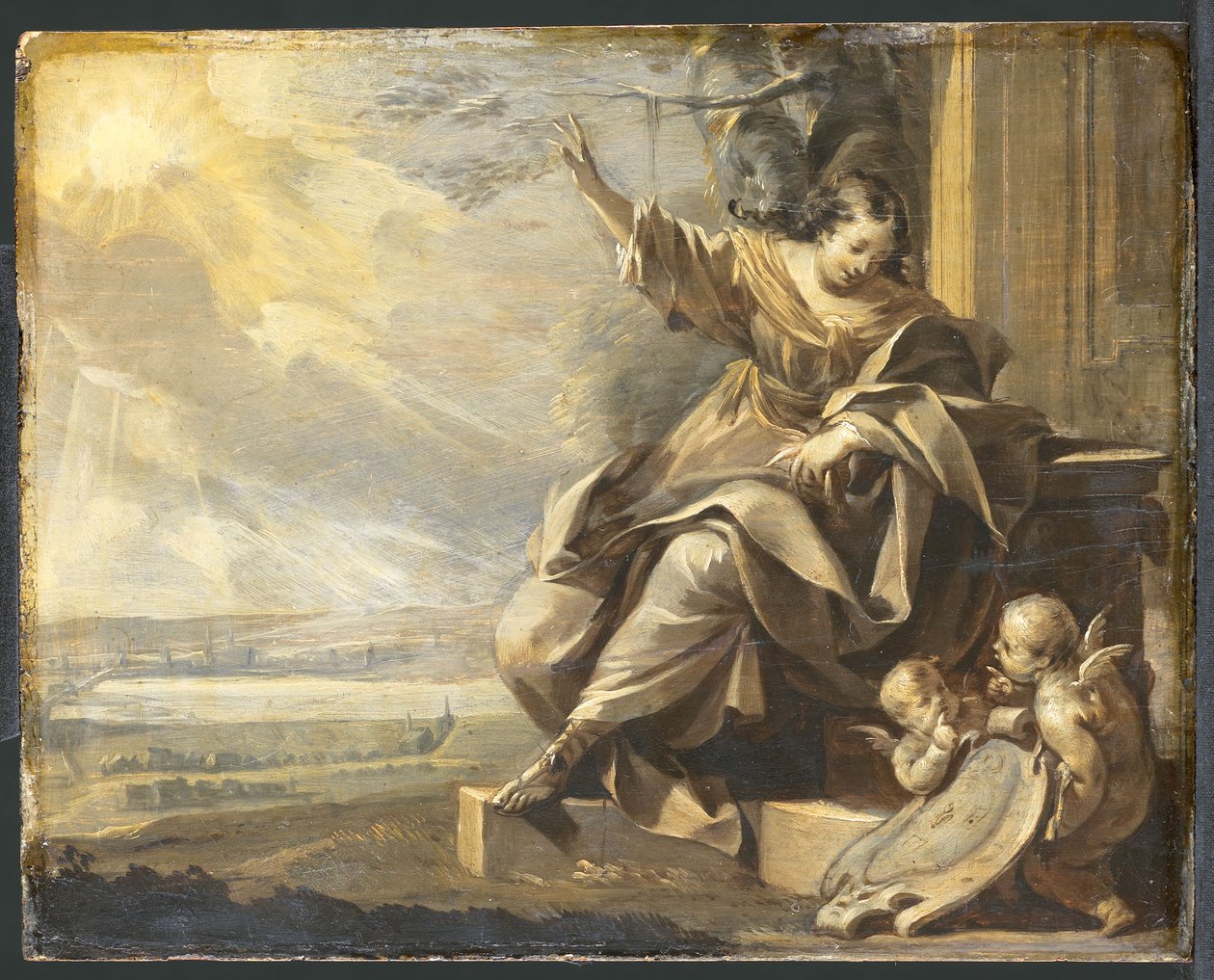 Alemán: Seated Female Figure with Two Putti and River Landscape, Grisaille Figura femenina alegórica con dos putti de Charles Le Brun