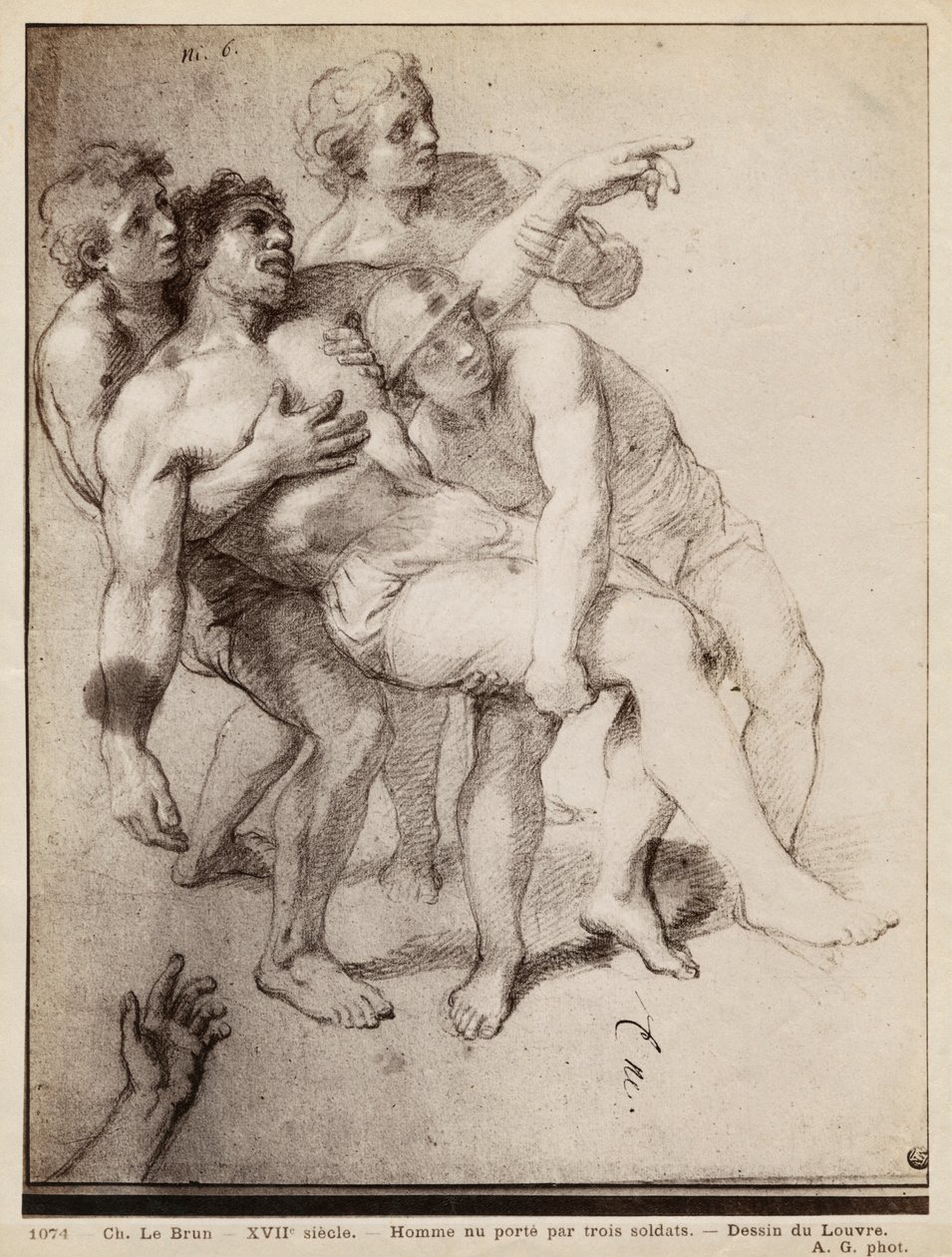 Hombre medio desnudo sostenido por tres hombres, estudio para 