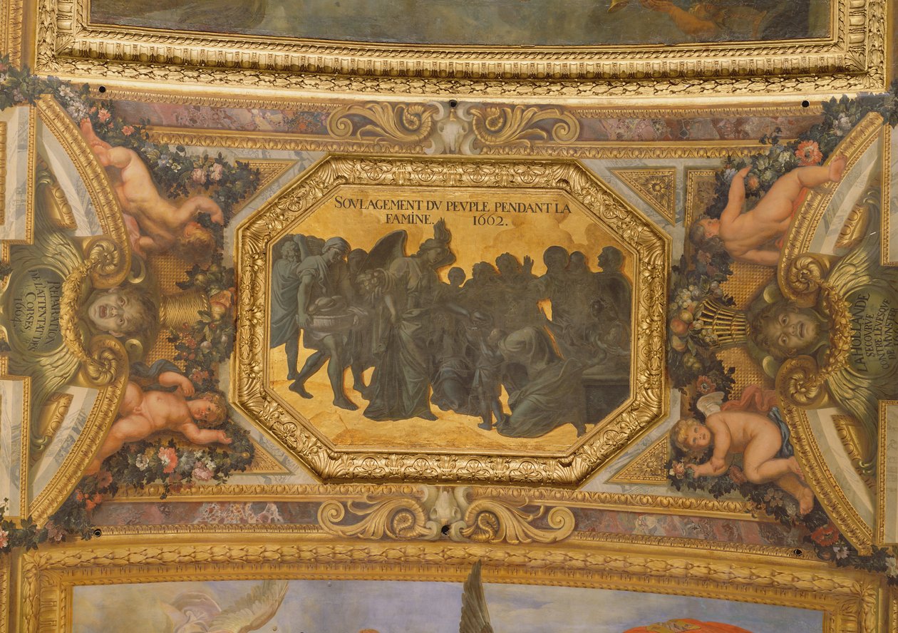 Ayudando a la gente durante la hambruna de 1662, pintura del techo de la Galerie des Glaces de Charles Le Brun