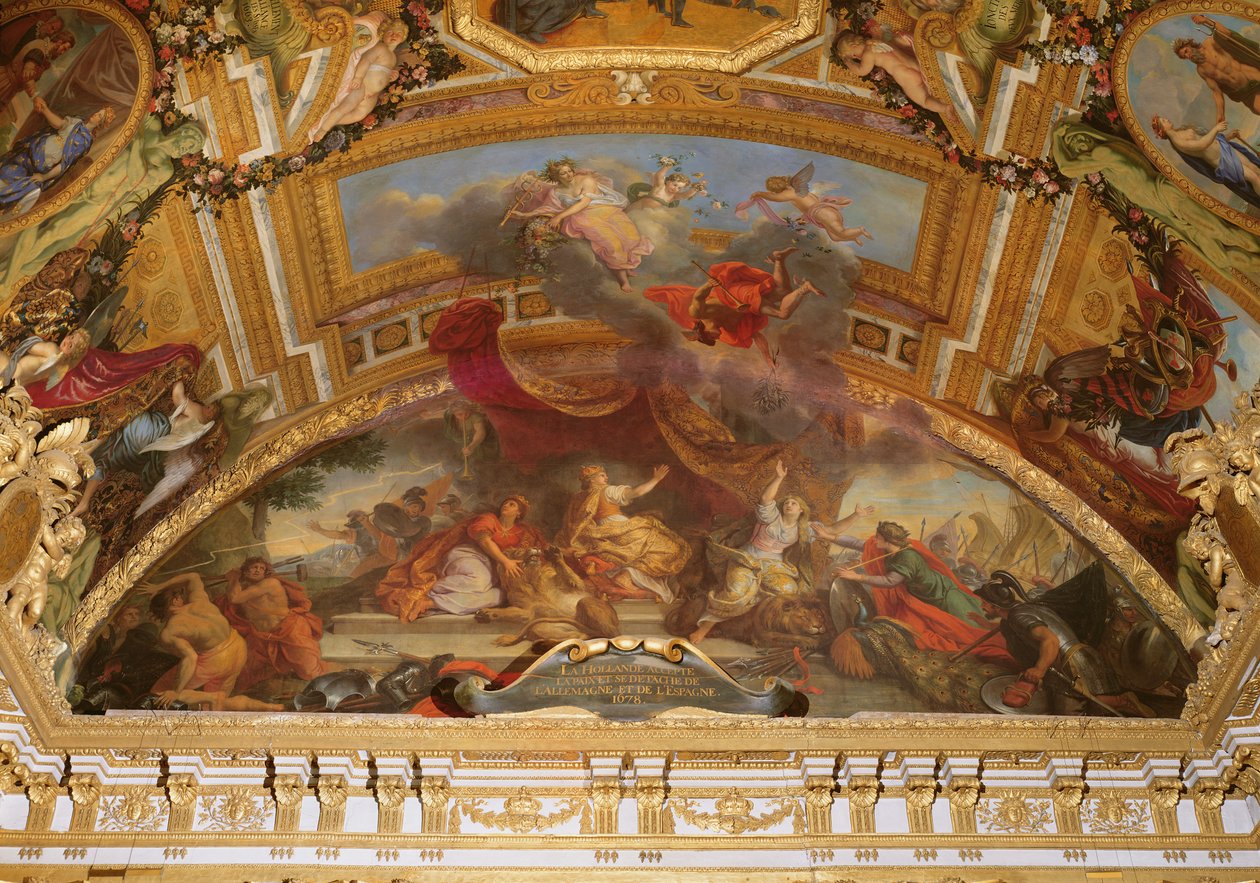 Holanda acepta la paz y se separa del Sacro Imperio Romano y de España en 1678, pintura del techo de la Galerie des Glaces de Charles Le Brun