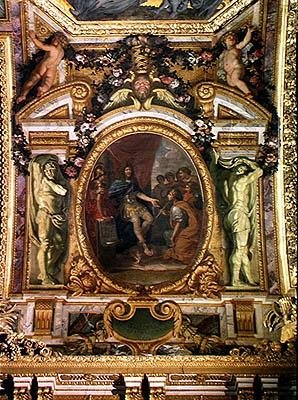 Patrocinio de las artes en 1663, pintura del techo de la Galería de los Espejos de Charles Le Brun