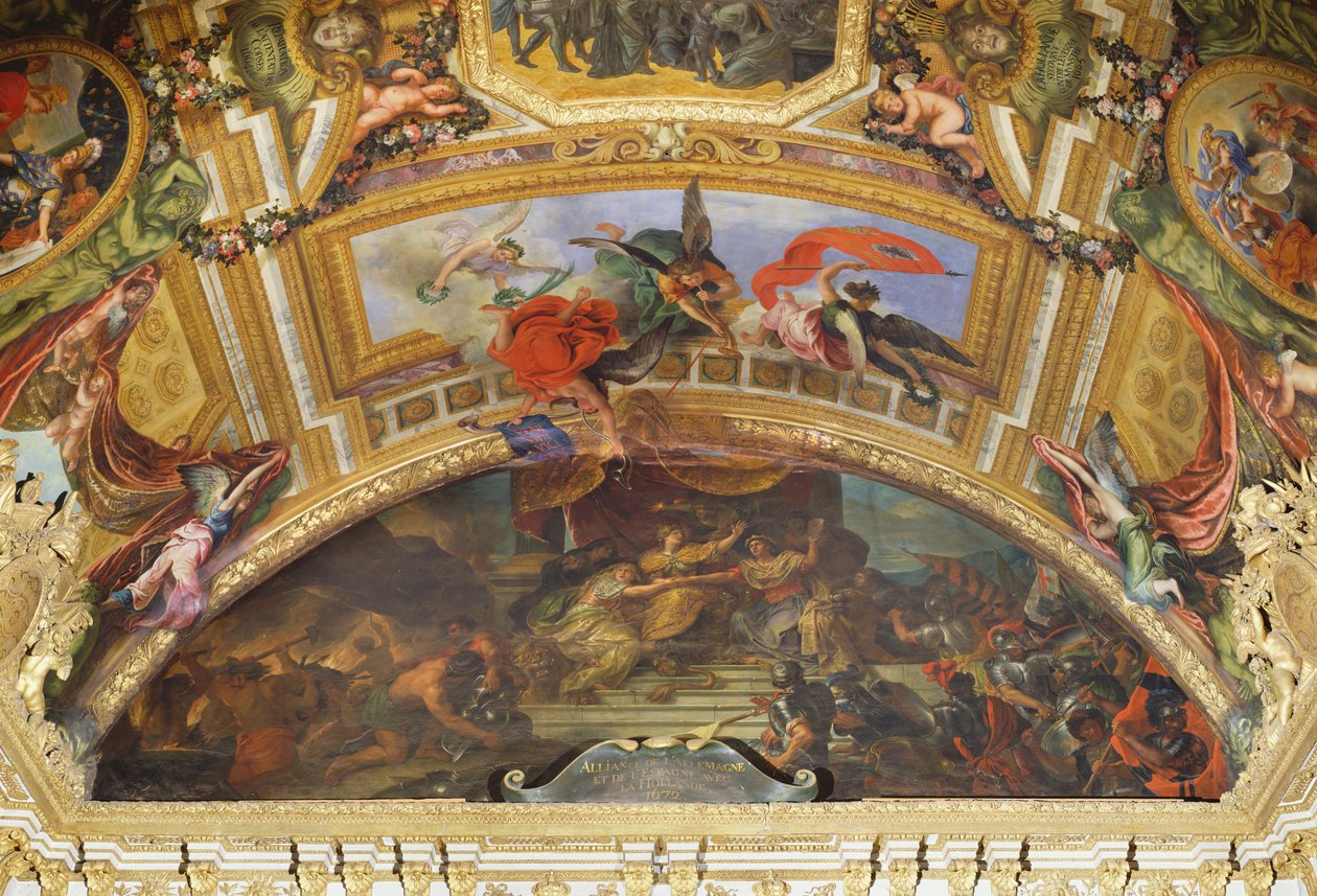 La Alianza de Alemania y España con Holanda, 1672, Pintura del Techo de la Galería de los Espejos de Charles Le Brun