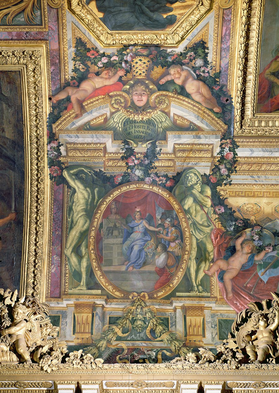 La fundación del Hotel Royal des Invalides en 1674, pintura del techo de la Galerie des Glaces de Charles Le Brun