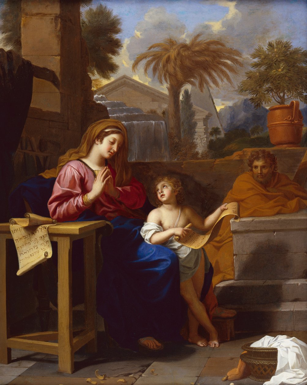 La Sagrada Familia en Egipto con el Niño Cristo leyendo una escritura hebrea de Charles Le Brun