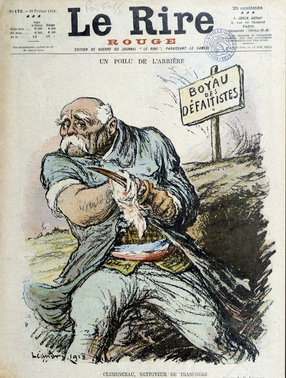 Una retaguardia peluda: Clemenceau, limpiador de trincheras. Portada de “La Risa” del 16/02/1918 de Charles Leandre