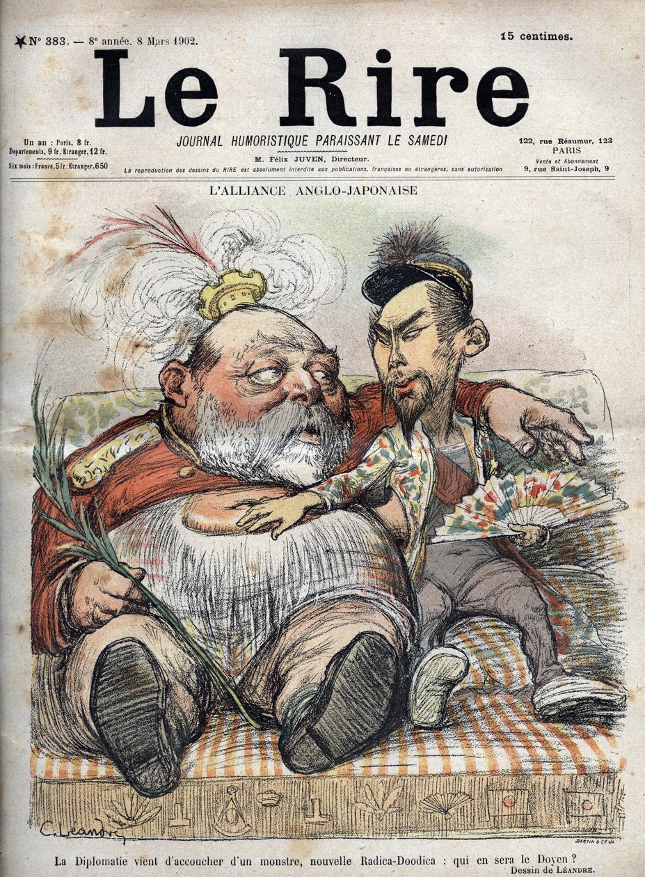 Alianza Anglo-Japonesa (Anglo Japonesa 1902) La diplomacia acaba de dar a luz a un monstruo, nuevo Radica-Doodica: ¿quién será el decano? - Rey Eduardo VII - CARICATURA 1902 por Charles LEANDRE (1862-1934) para The Laughter de Charles Leandre