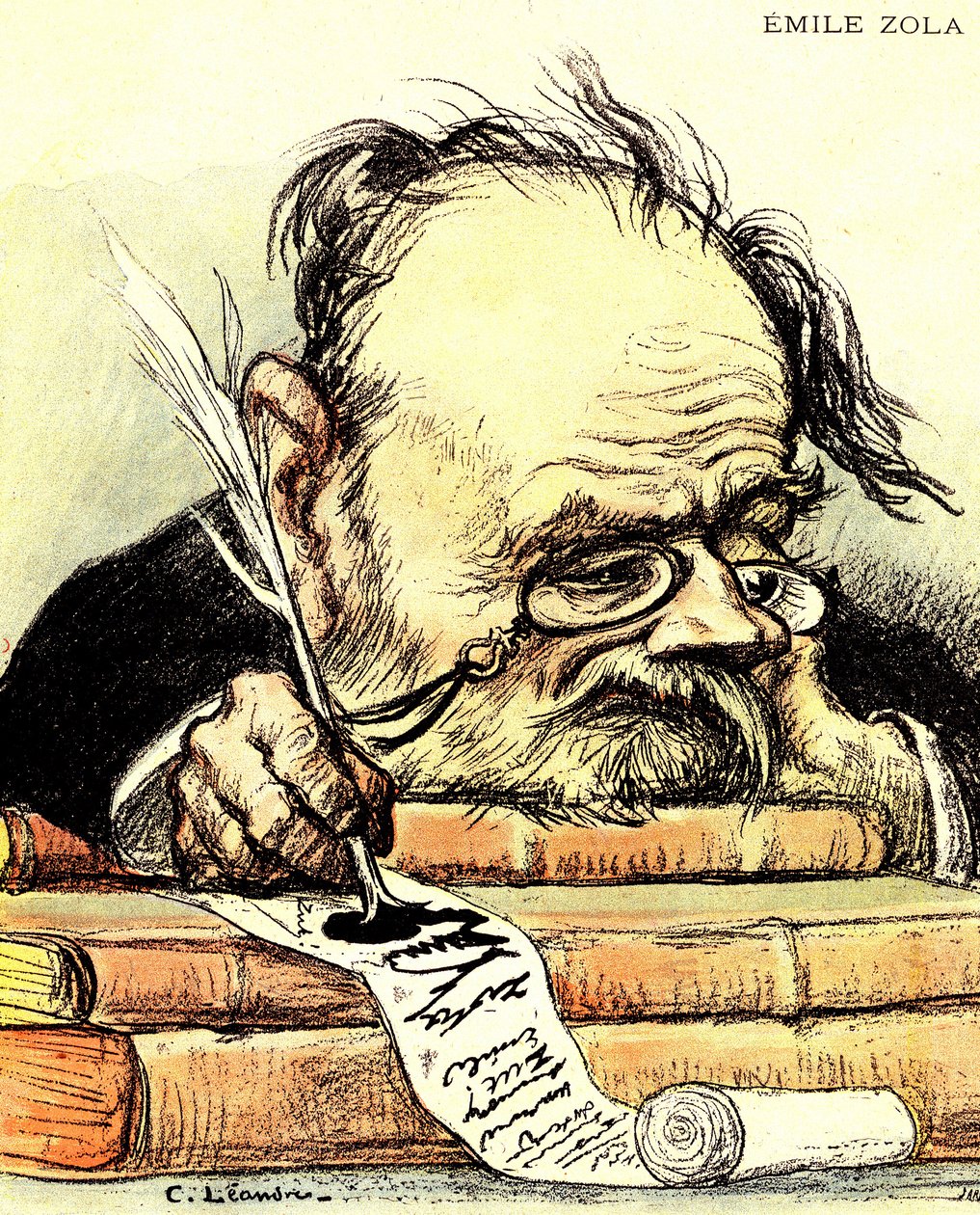 Viñeta de Emile Zola (1840-1902) escribiendo, visiblemente falto de inspiración - Ilustración de Charles Leandre en "El Rire" de Charles Leandre