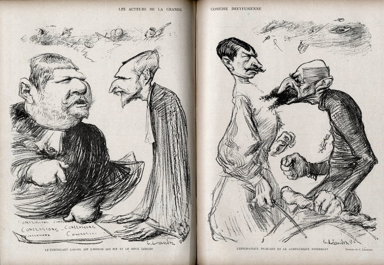 Caso Dreyfus - Los actores de la gran comedia dreyfusiana - el abogado Fernand Labori (1860-1917) - el abogado Louis Leblois (1854-1928) - el comandante Ferdinand Walsin Esterhazy (1847-1923) - el general Georges Picquart (1854-1914) - Caricatura de Charle de Charles Leandre
