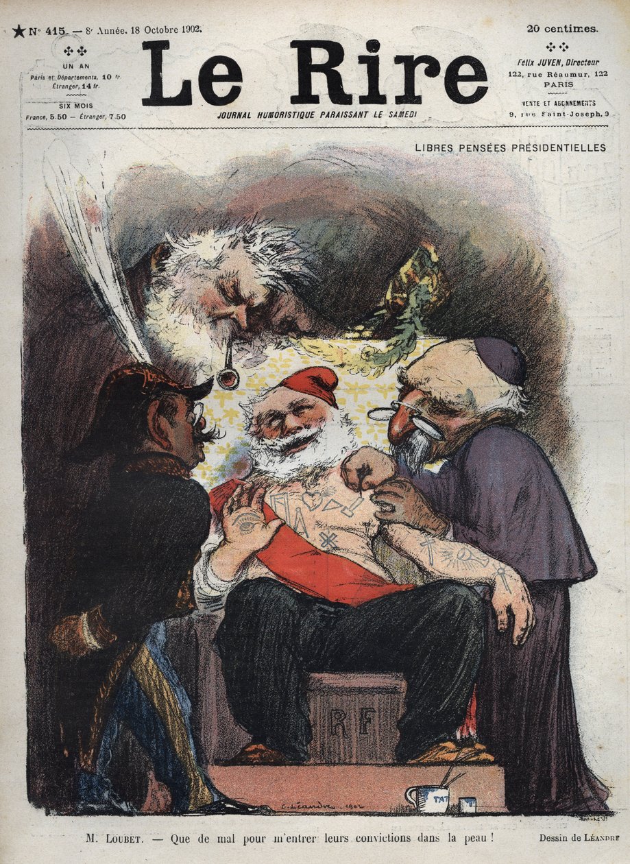 Emile Loubet - Pensiones Presidenciales Gratuitas - Sr. Loubet - ¡Es difícil meter sus convicciones en mi piel! - (Charles Leandre (1862-1934) se burla del estado, la iglesia y el ejército al lado de la cama del presidente LOUBET, cubierto de signos masóni de Charles Leandre