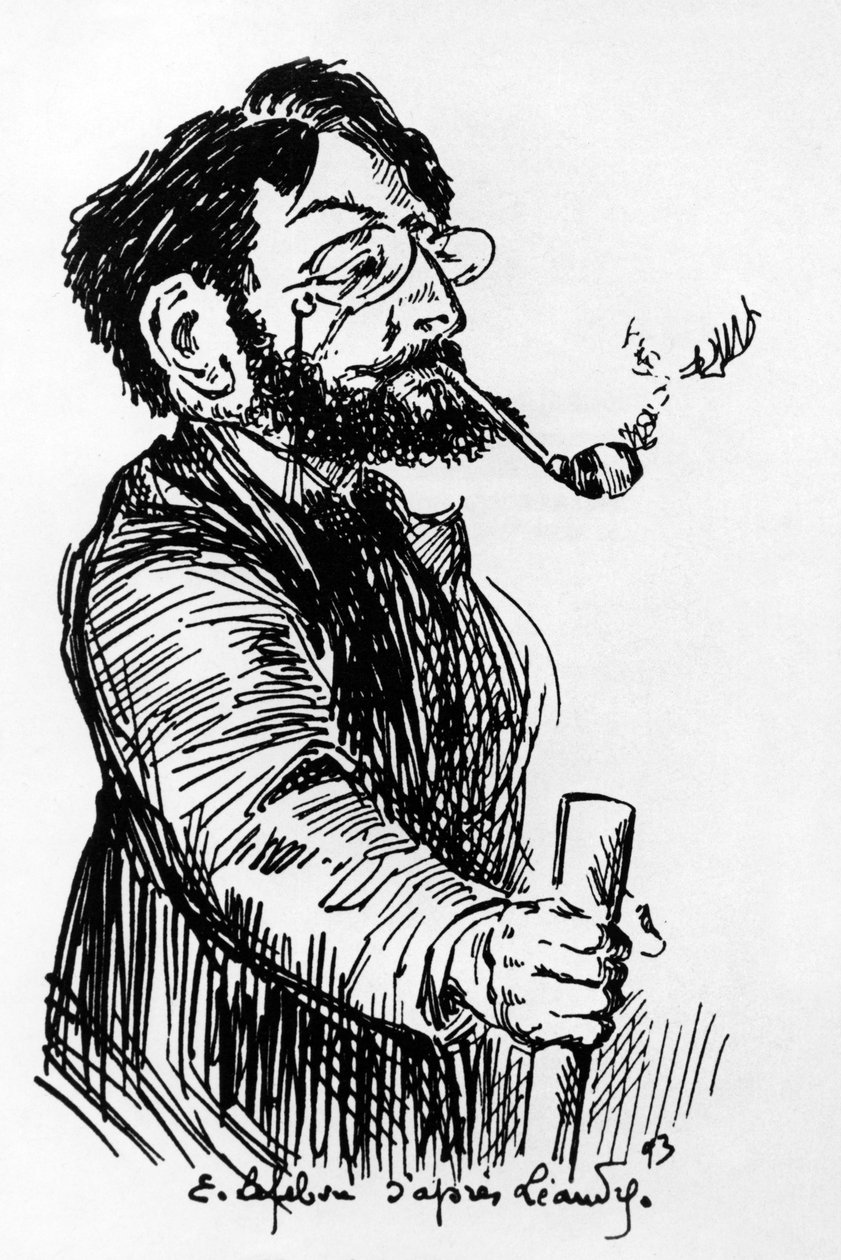 Henri Riviere (1864-1951) artista y diseñador francés (teatro de sombras en el Cabaret Le Chat Noir), dibujo de E. Lefebvre después de Leandre de Charles Leandre