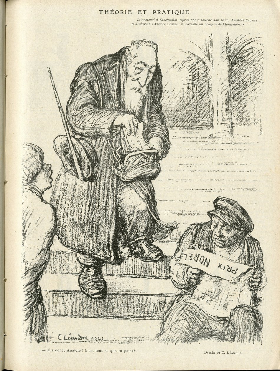 Ilustración de Charles Leandre (1862-1934) en Le Rire, 31/12/21 - Teoría y práctica - Premio Nobel - Lenin, Francia Anatole de Charles Leandre