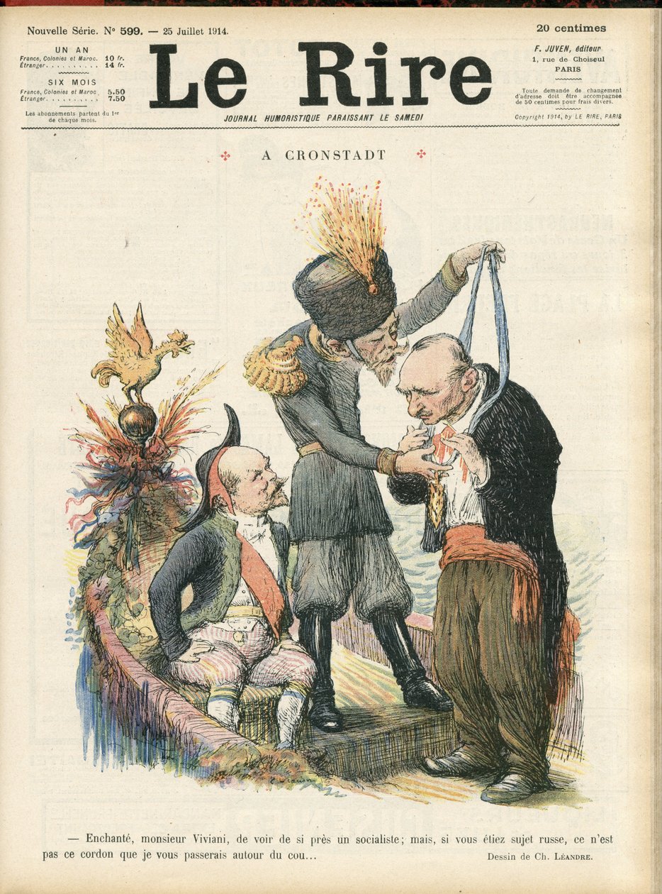 Ilustración de Charles Leandre (1862-1934) para la portada de Le Lire, 25/07/14 - "Encantador Monsieur Viviani ver tan de cerca a un socialista, pero si fueras un súbdito ruso, no sería esa cuerda la que te pasaría." - A crondstadt - Rusia, Cro de Charles Leandre