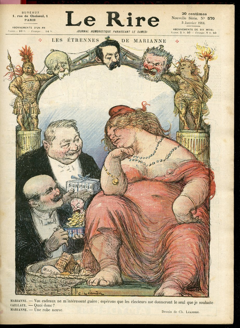 Ilustración de Charles Leandre (1862-1934) para la portada de Le Rire, 03/01/14 - Les étrennes de Marianne - Tribuno - Clemenceau George, Jaurès Jean, Briand Aristide, Marianne, Caillaux Joseph (1863-1944) de Charles Leandre