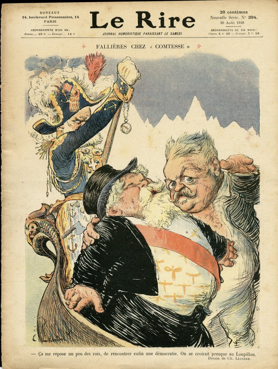 Ilustración de Charles Leandre (1862-1934) para la Portada de Le Rire, 20/08/10 - Fallieres en la Condesa - Italia, Presidente de la República, Sombrero, Identificador, Venecia - Fallieres Armand (1841-1931) de Charles Leandre