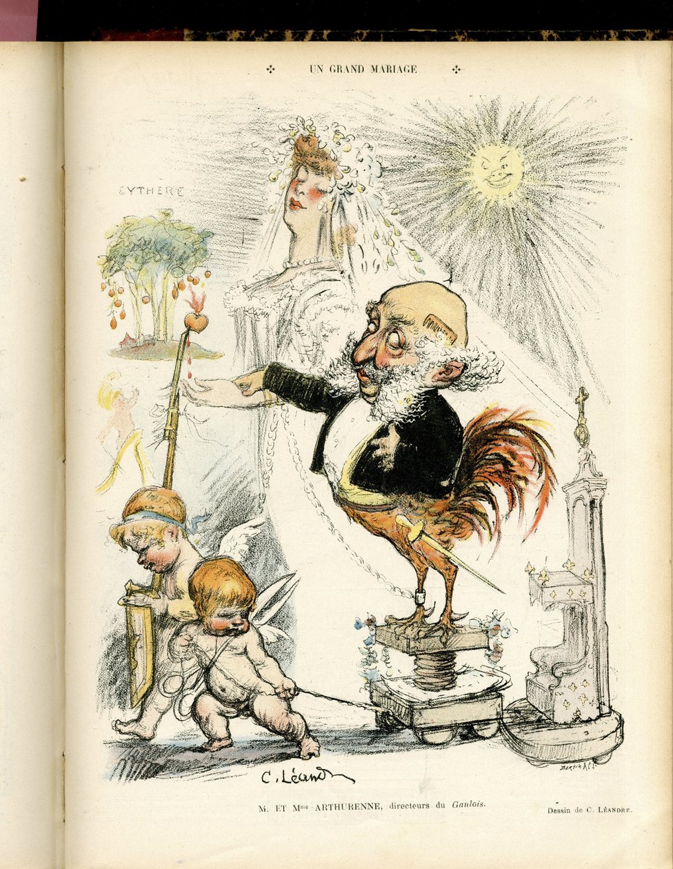 Ilustración de Charles Leandre (1862-1934) en Le Rire, 22/10/04 - Un gran matrimonio - Matrimonio - Coq, Meyer Arthur - Animalización de Charles Leandre